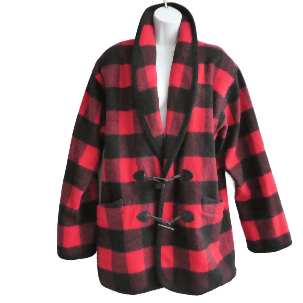 Vintage USA Wool Red Black Buffalo Plaid Jacket Coat Shawl Toggle Closure 8